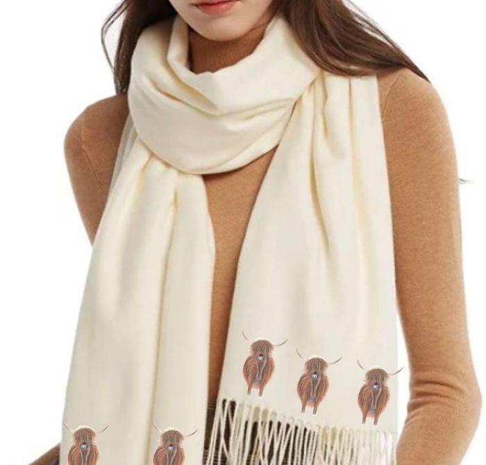 Highland Cows Handprinted on Luxurious Cashmere Blend Scarves
